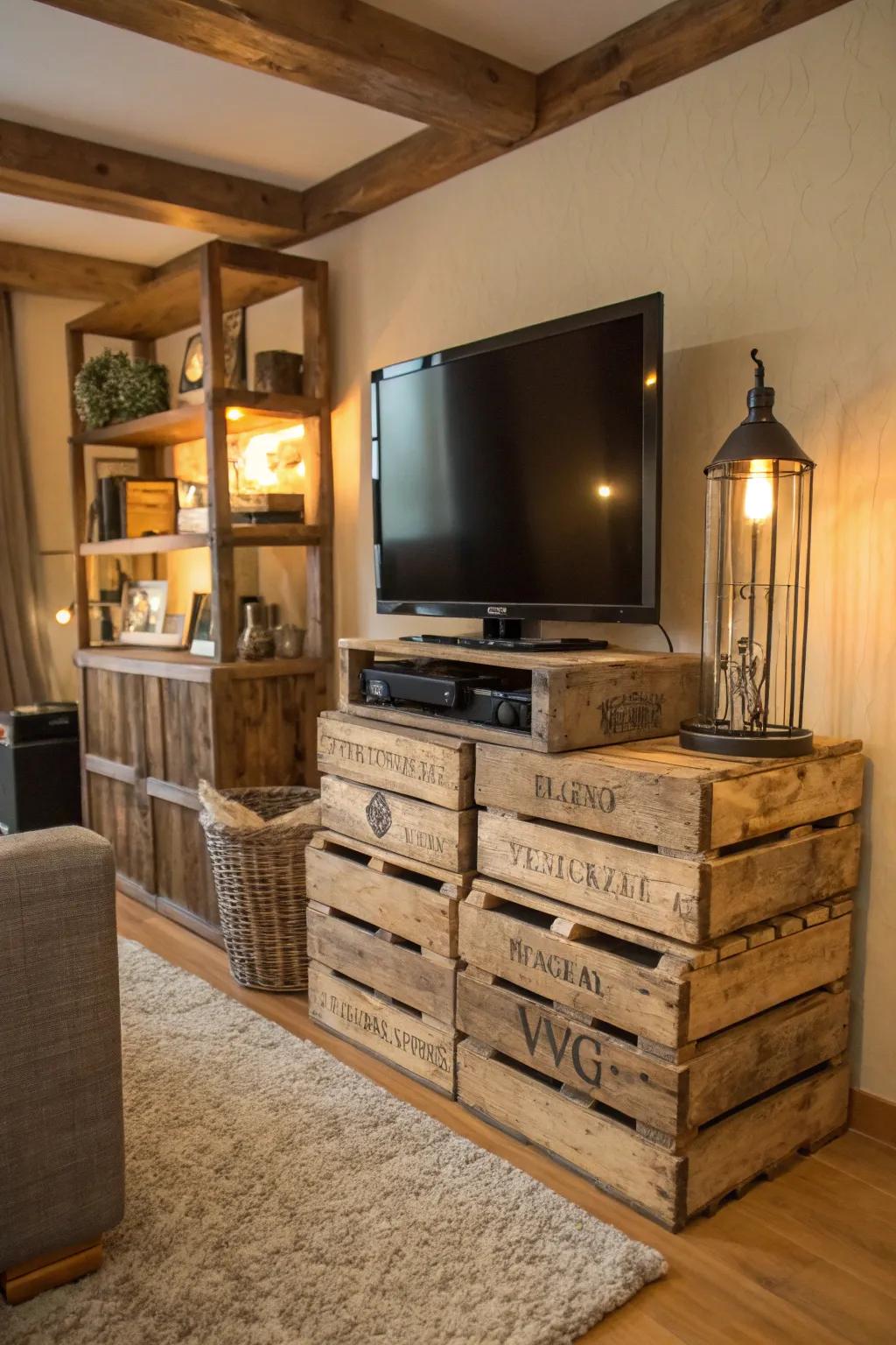 Wooden crates offer a rustic and flexible storage solution under your TV.