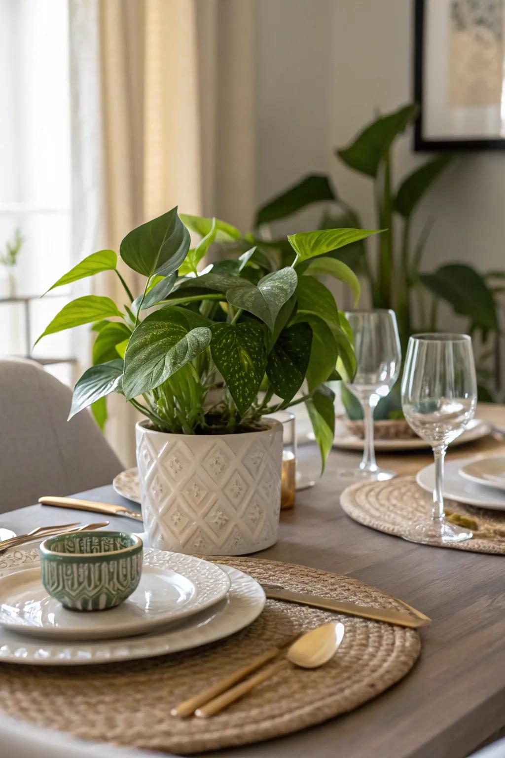 Elevate your table settings with pothos centerpieces.