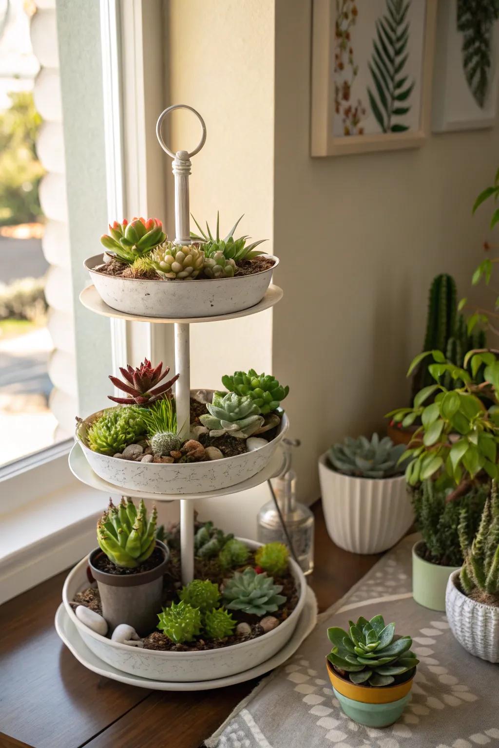 A tiered stand showcases a variety of succulents beautifully.