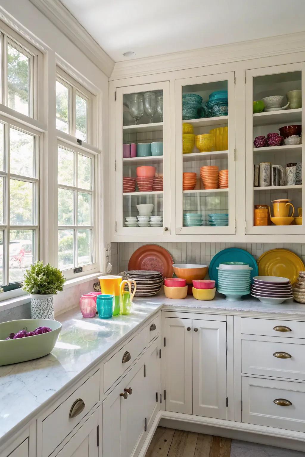 Glass-front cabinets add elegance and openness.