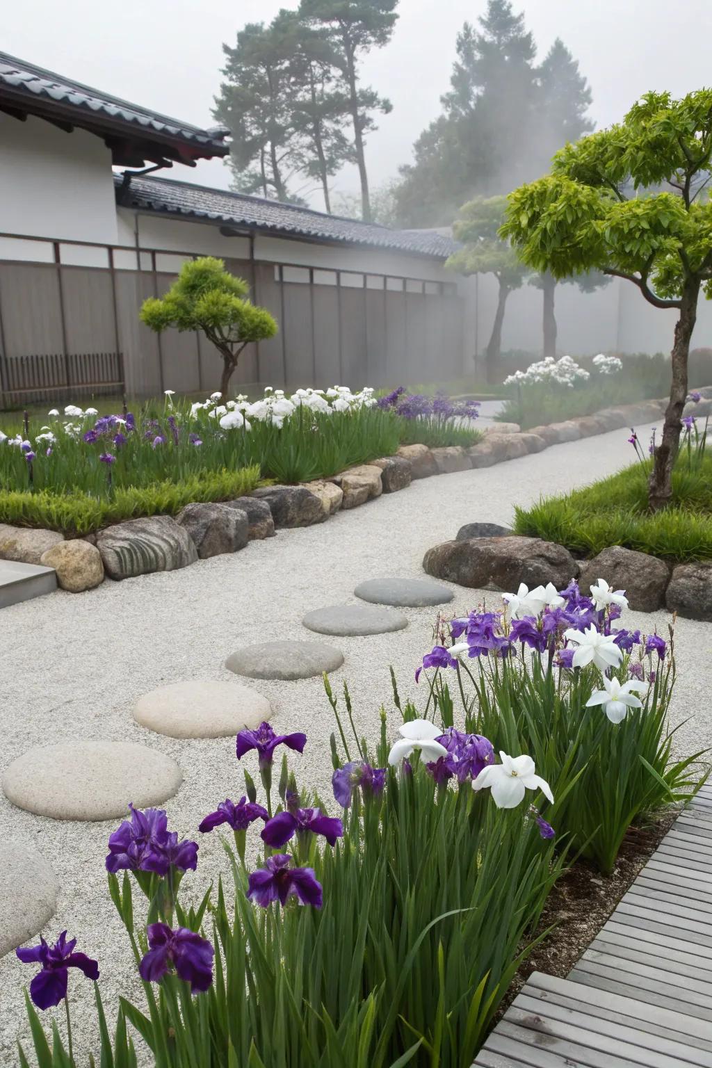 A peaceful Zen garden with irises for meditation and relaxation.