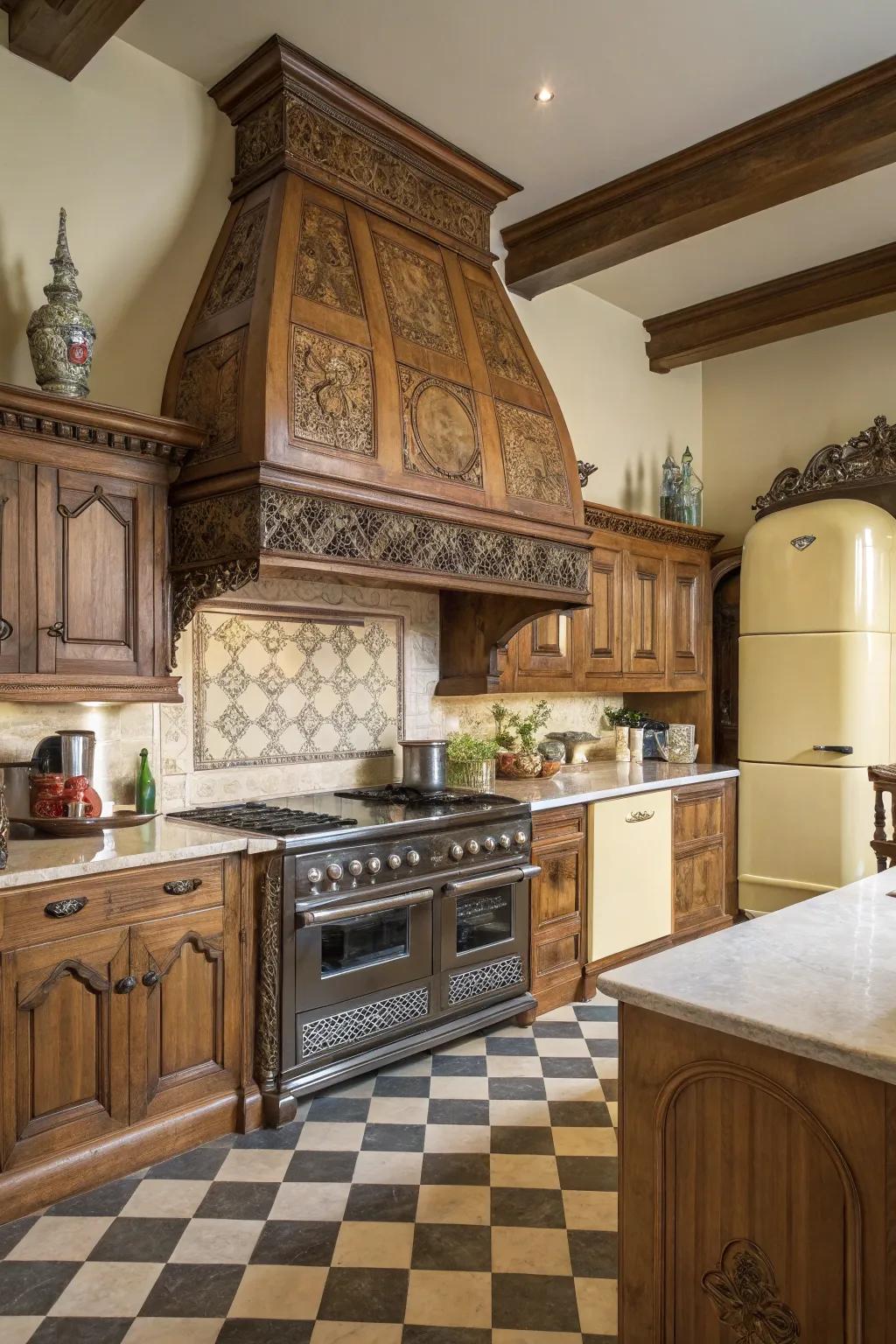 Ornate wooden range hoods add vintage charm to kitchens.