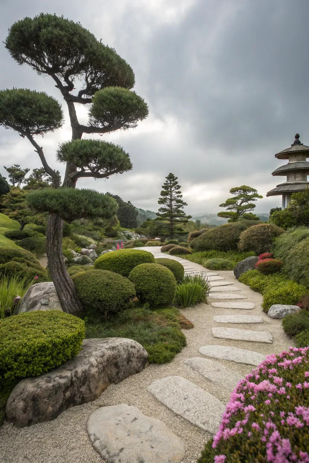 Artistic sculpted trees creating a dramatic silhouette.