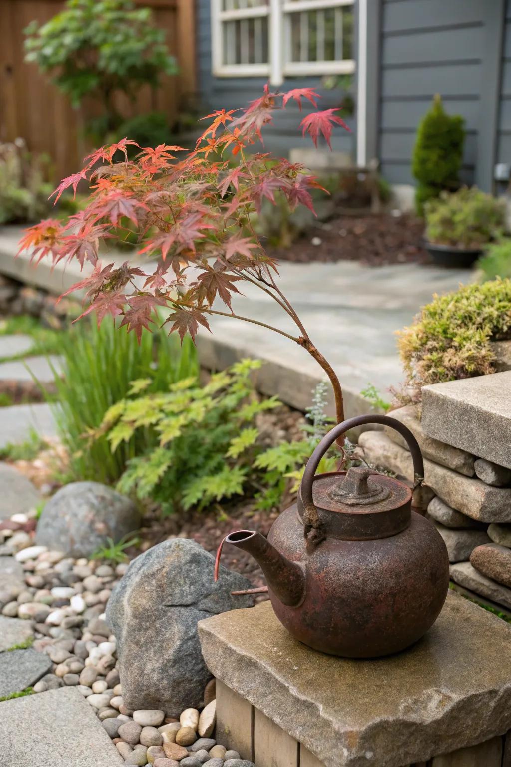 Vintage charm highlighting a Japanese maple in a repurposed teapot.