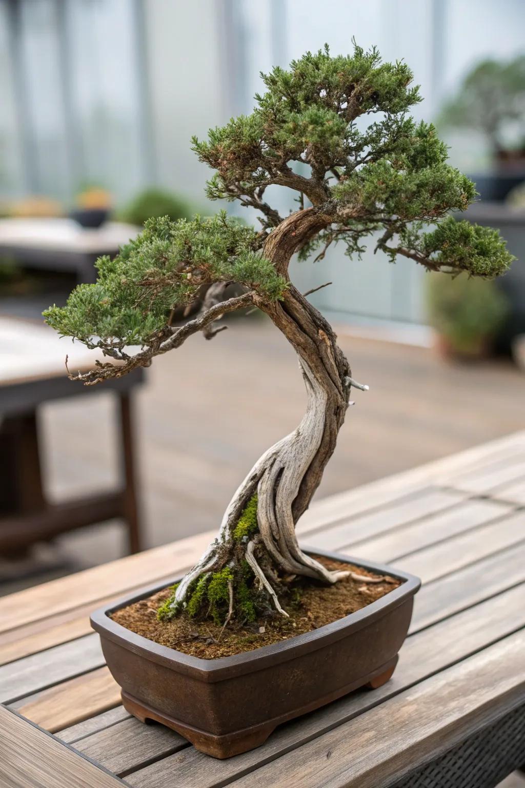 A stripped bark juniper bonsai showcasing its dramatic exposed wood.