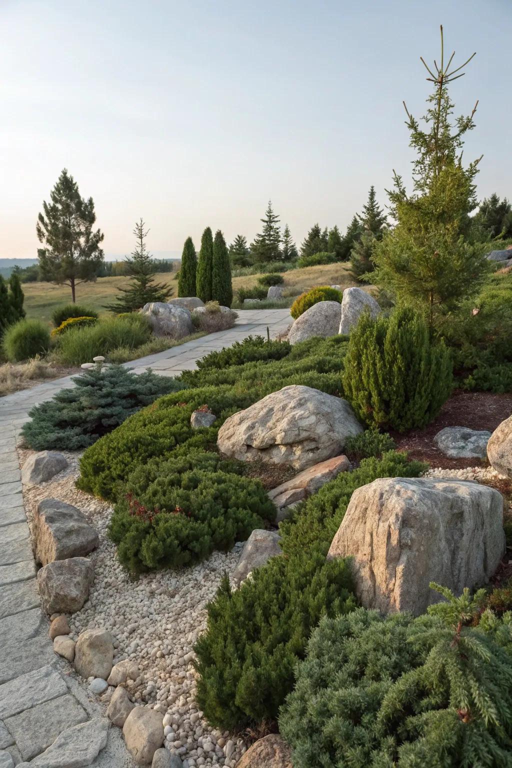 Ground-cover junipers create an alpine feel