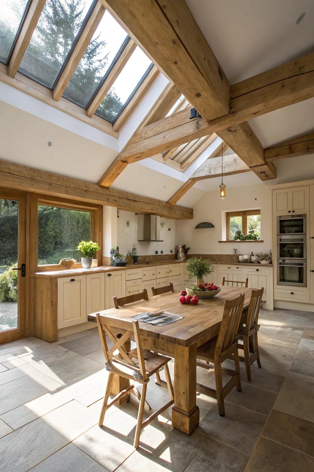 Skylights and beams bring in natural light and architectural beauty.