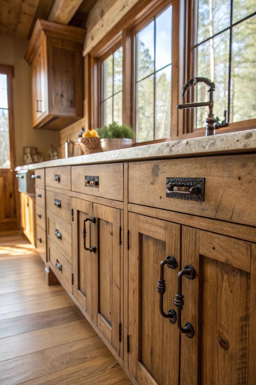 Rustic hardware introduces a hint of charm and history to the kitchen.