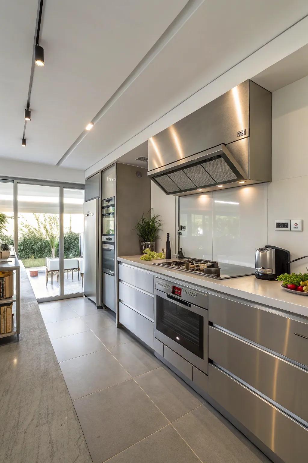 Stainless steel countertops offer a sleek and professional finish.