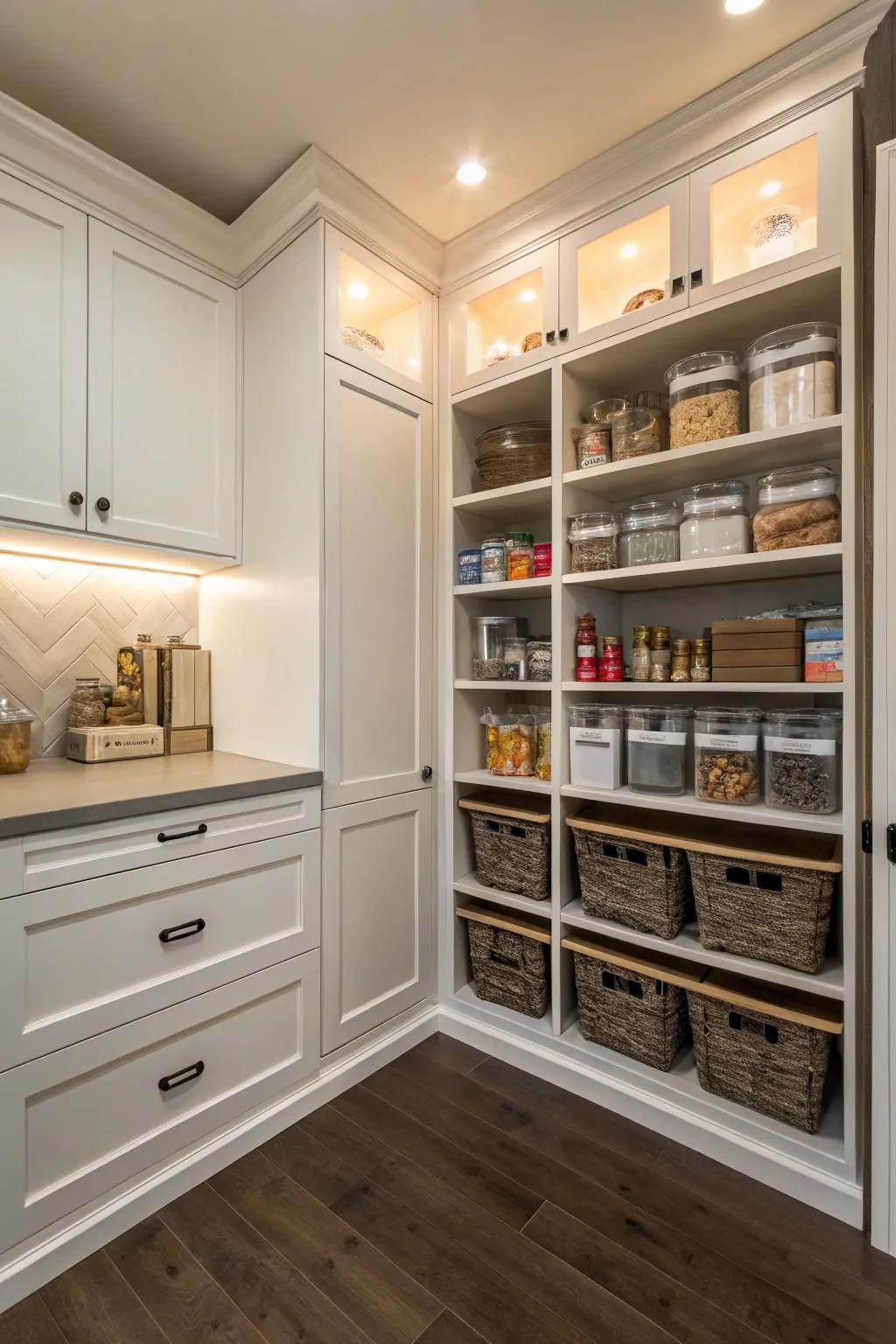 A walk-in pantry in the corner? Yes, please! Maximizes storage and amps up the accessibility.