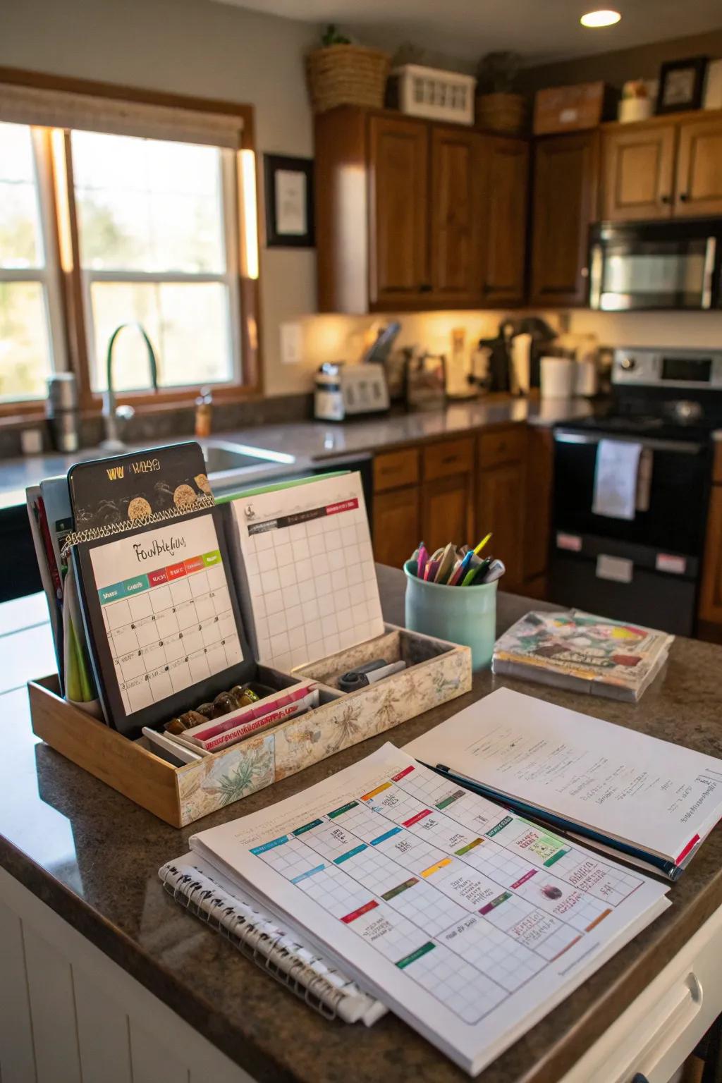 A kitchen desk area functioning as a family command center with planners.