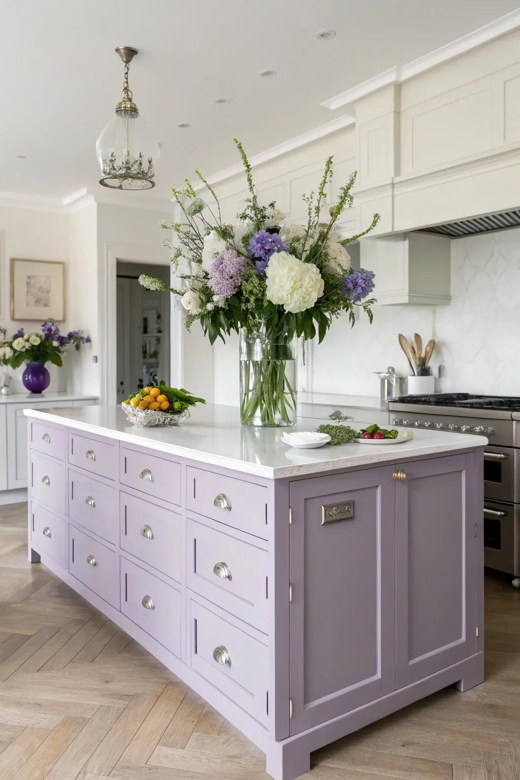 A lilac kitchen island adds a touch of calm and elegance to the kitchen environment.