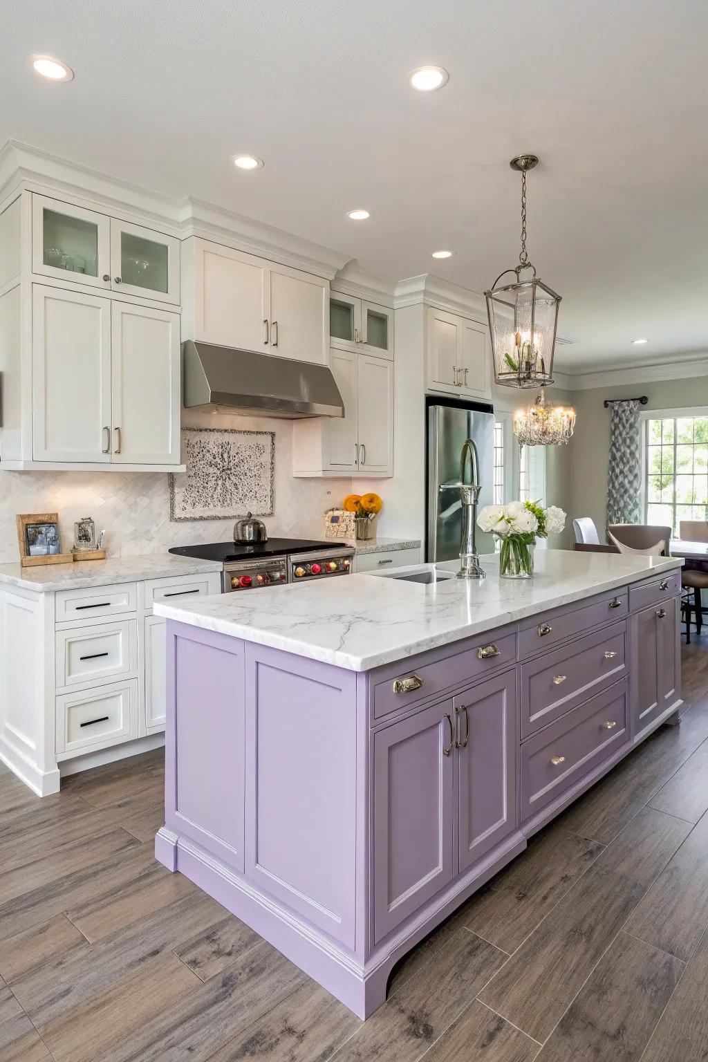 A kitchen featuring a whimsical lavender island paired with white cabinets.