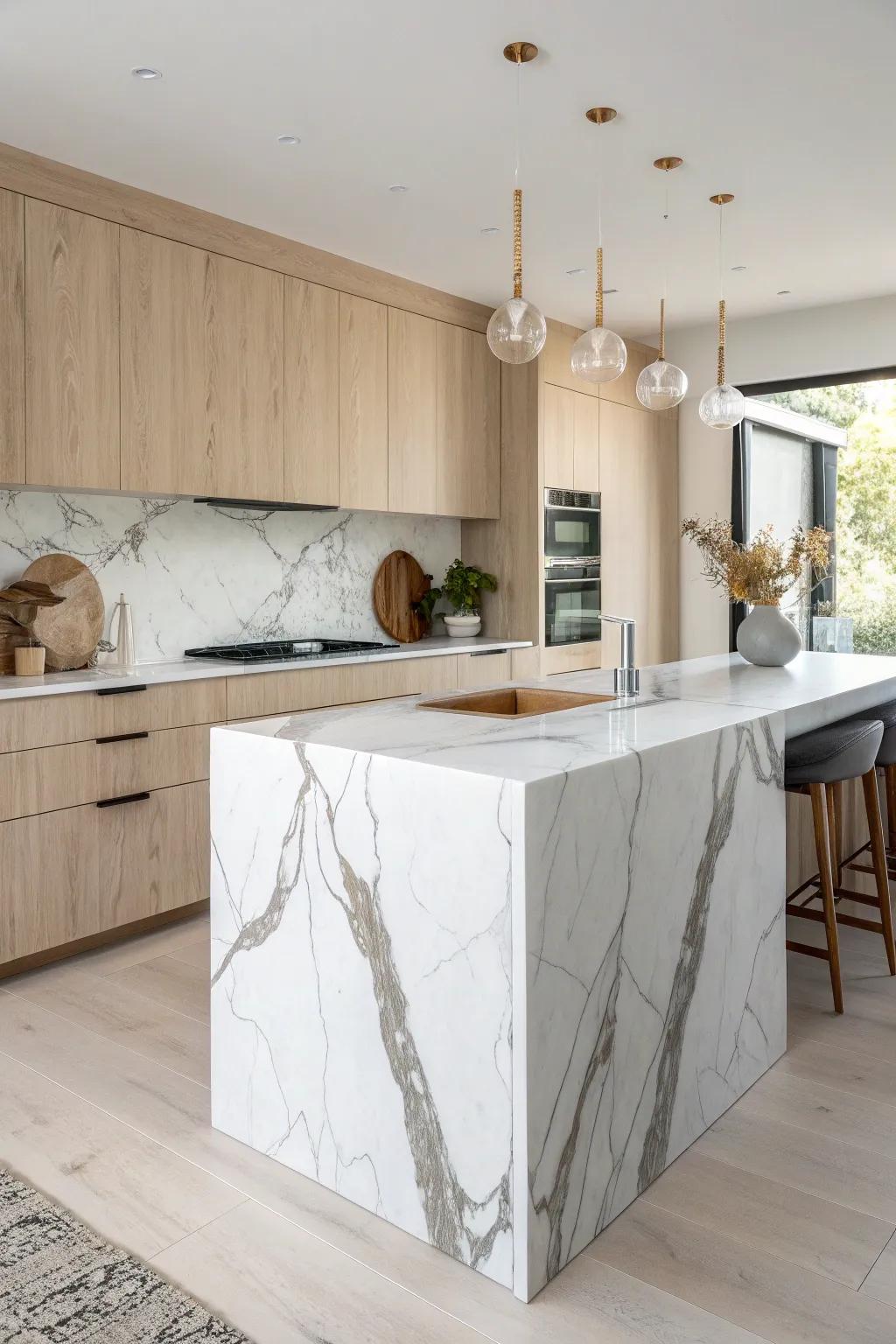 Elevate your kitchen with a dramatic waterfall countertop—where elegance meets minimalist design.