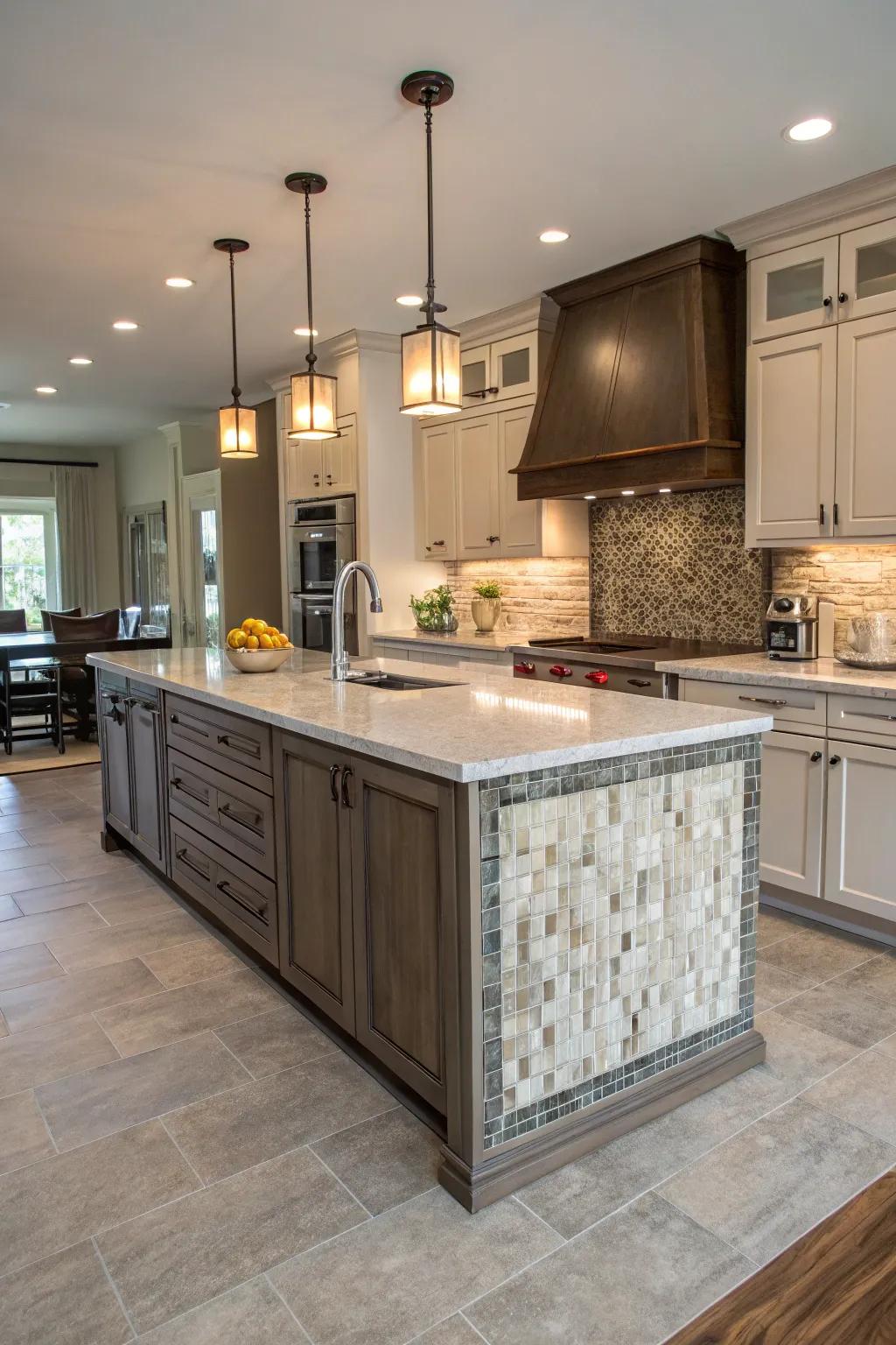 Unique island with textured tile trim for a tactile design element.