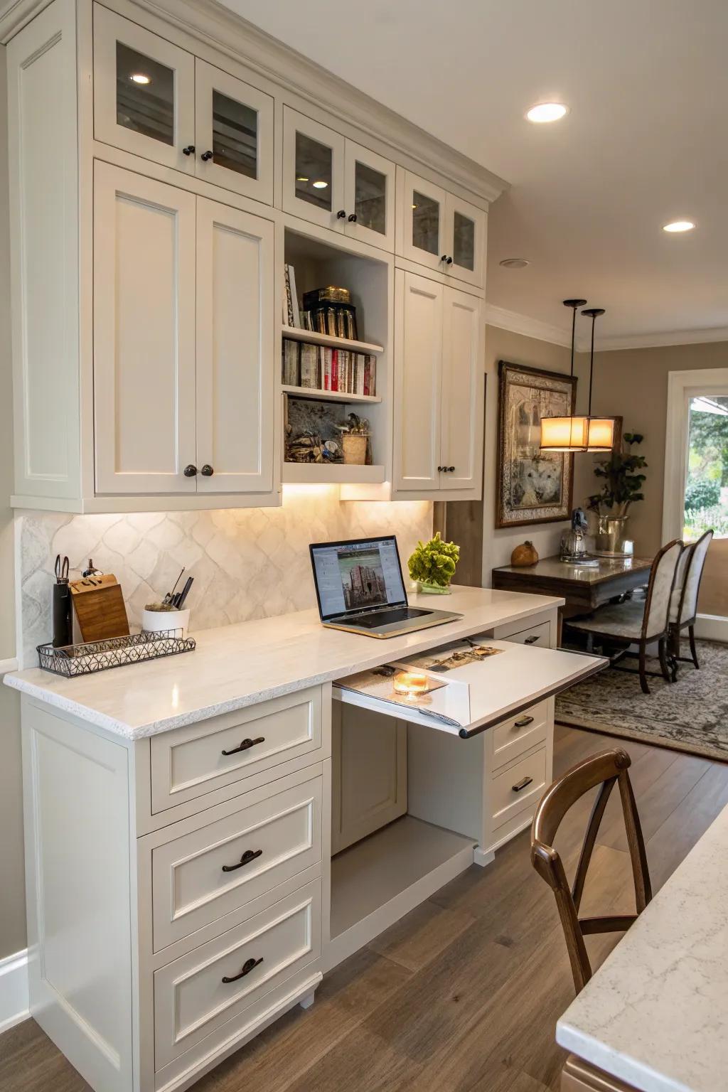 Multi-purpose furniture enhances the flexibility of a kitchen office.