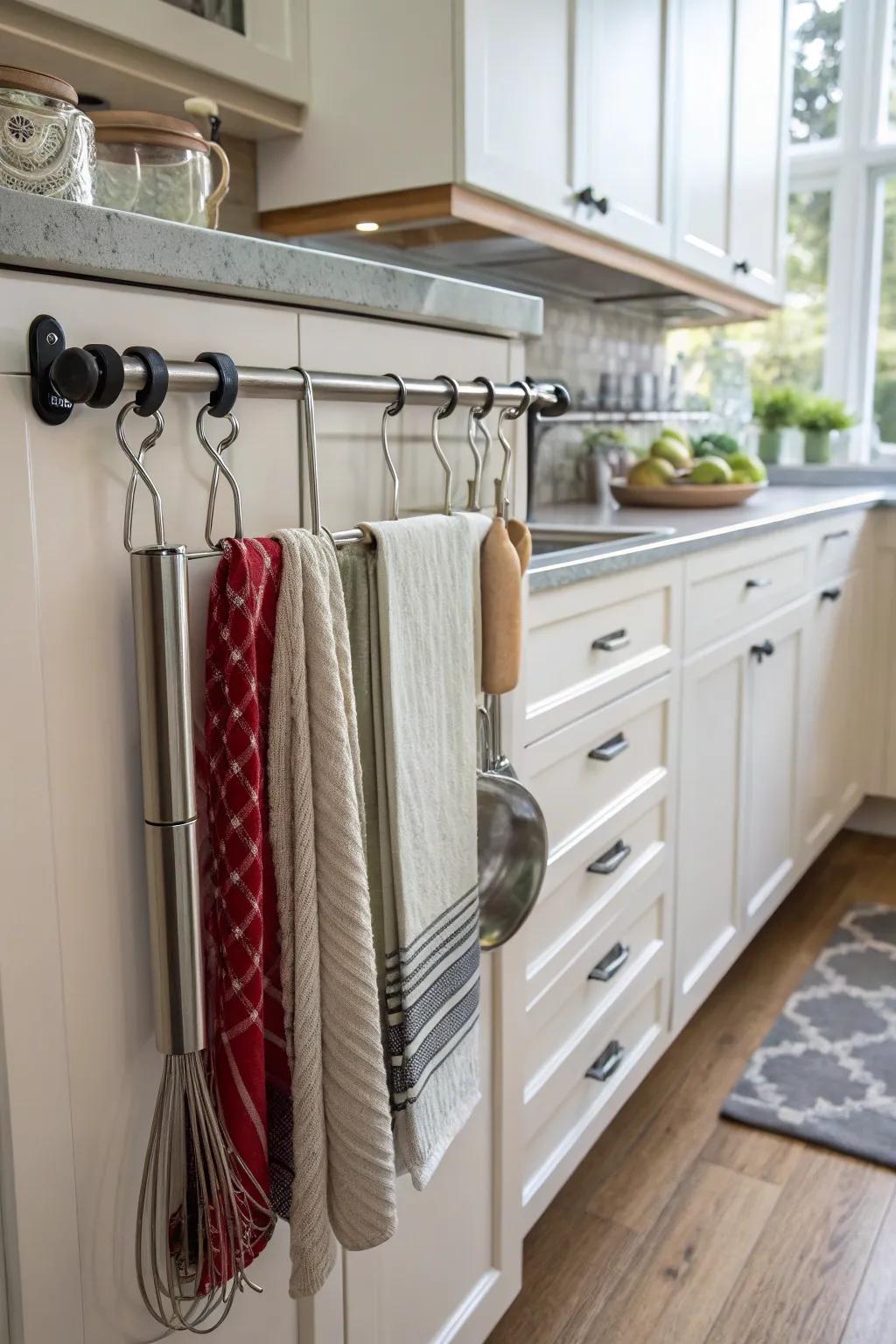 Tension rods offer versatile storage solutions in cabinets.