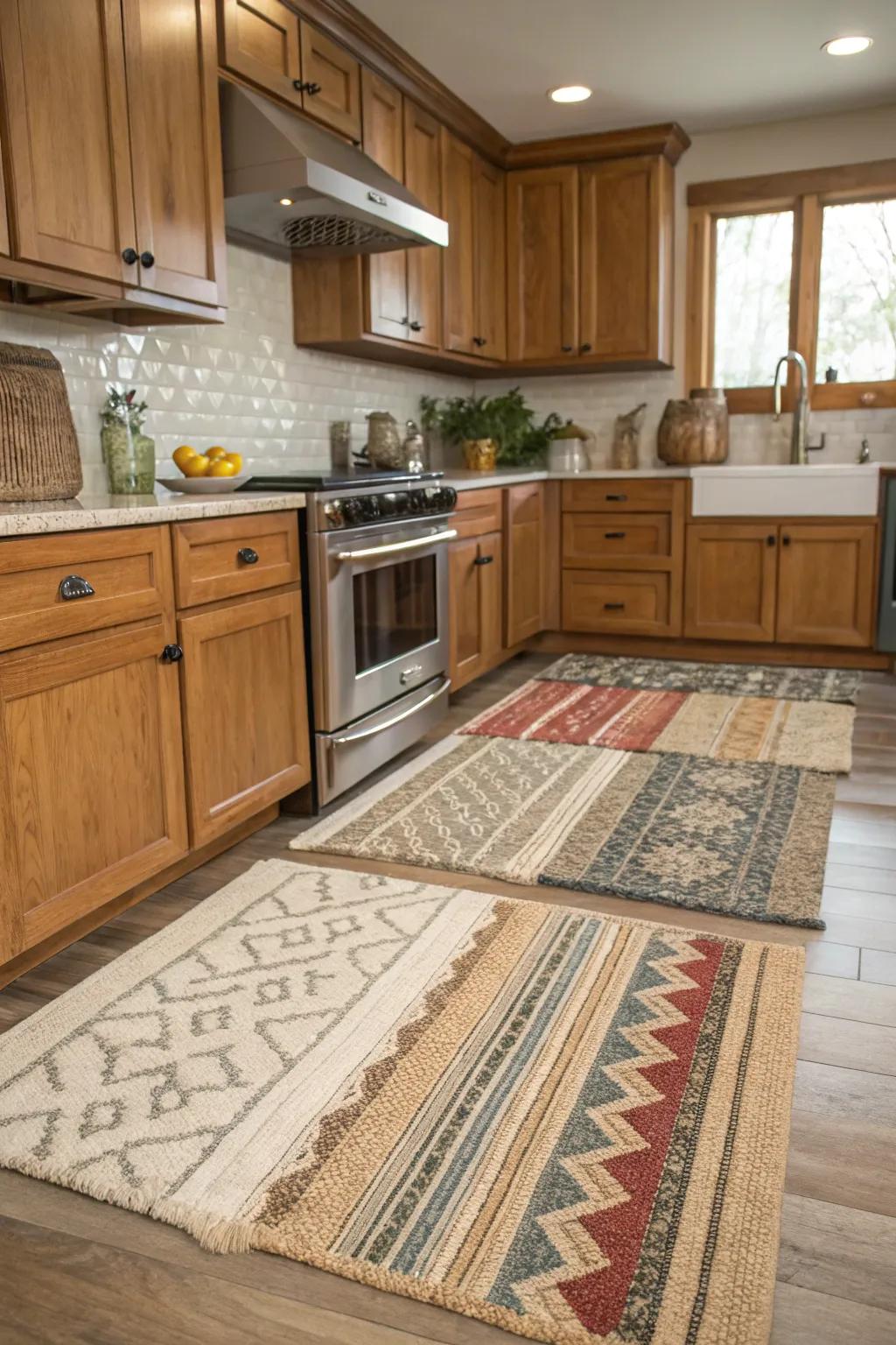Structured rug coats introduce depth and texture to kitchen spaces.