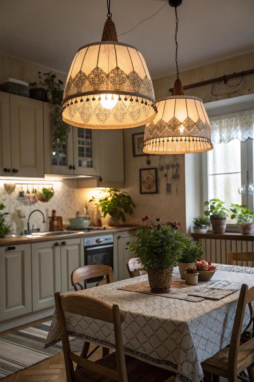 Fabric shades provide a cozy, inviting glow.