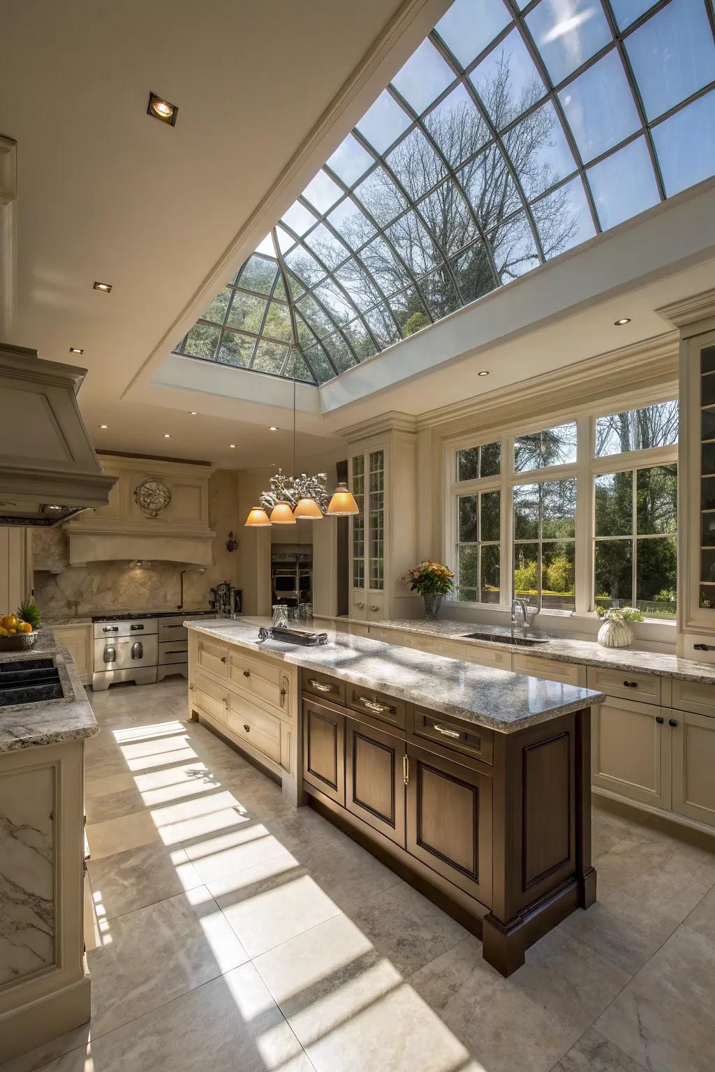 An atrium light imparts an aspect of affluence to this refined kitchen.