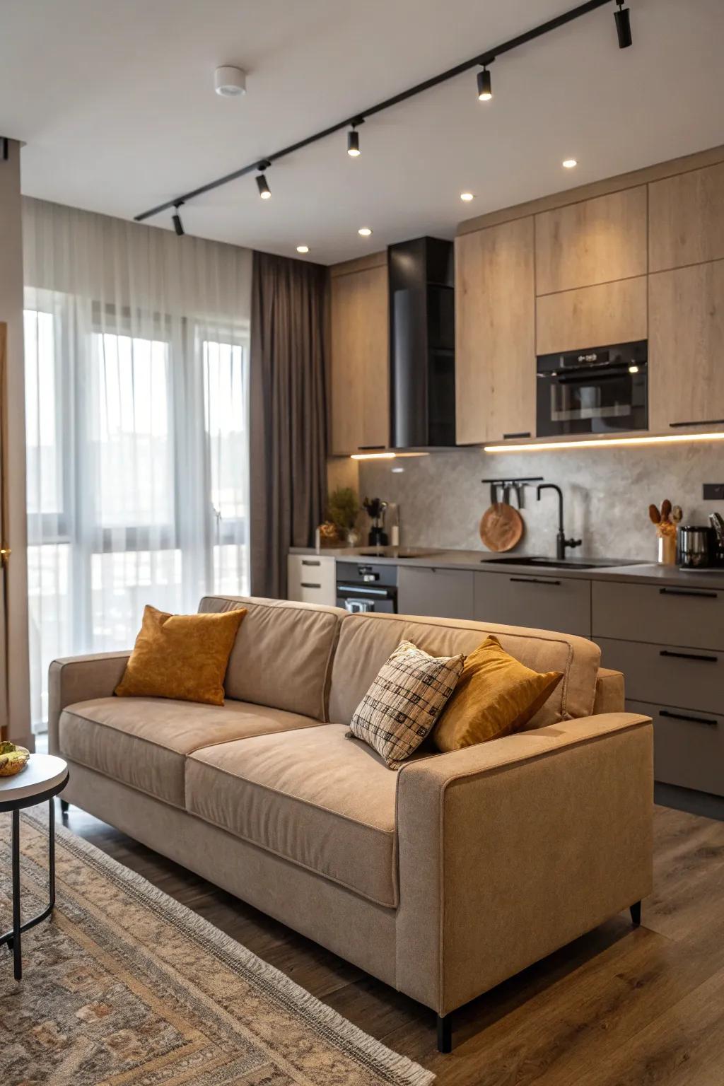 A kitchen featuring a sofa in stain-resistant fabric, combining practicality with style.