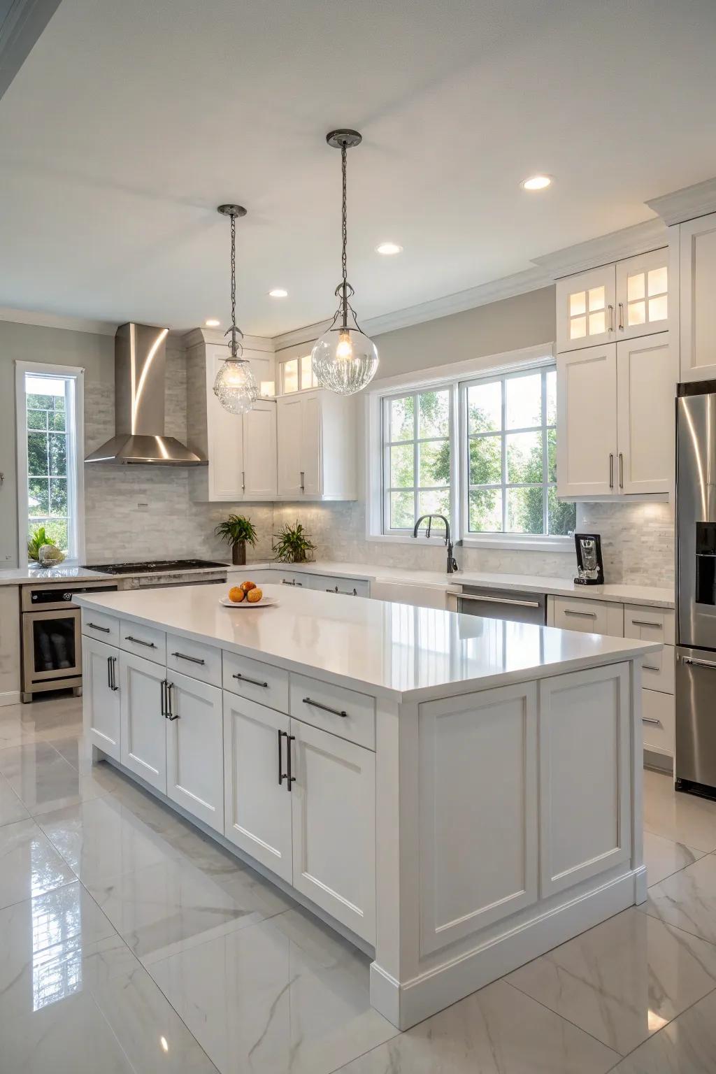 A standout kitchen island with white countertops serves as a focal point in the space.