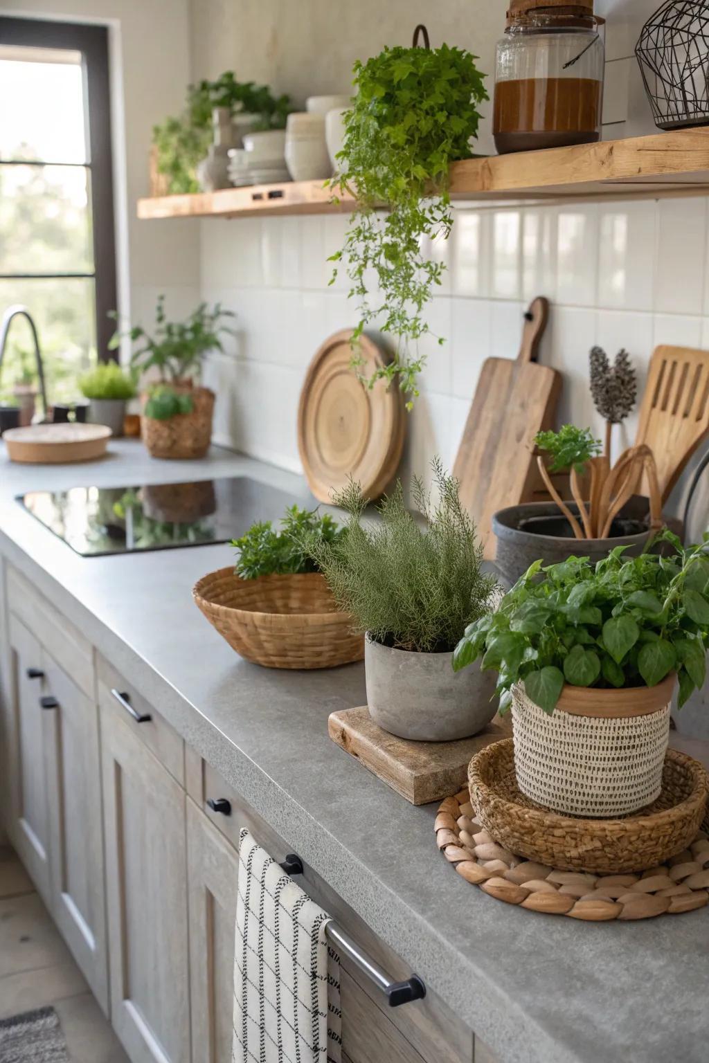 A kitchen with concrete countertops enhanced by natural elements and greenery.