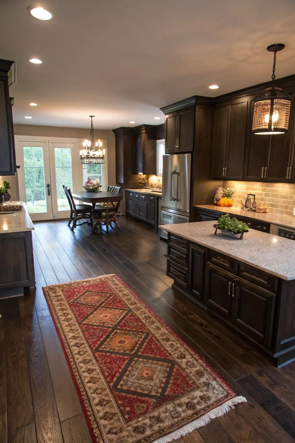 Area rugs define zones and add texture to this kitchen with dark floors.