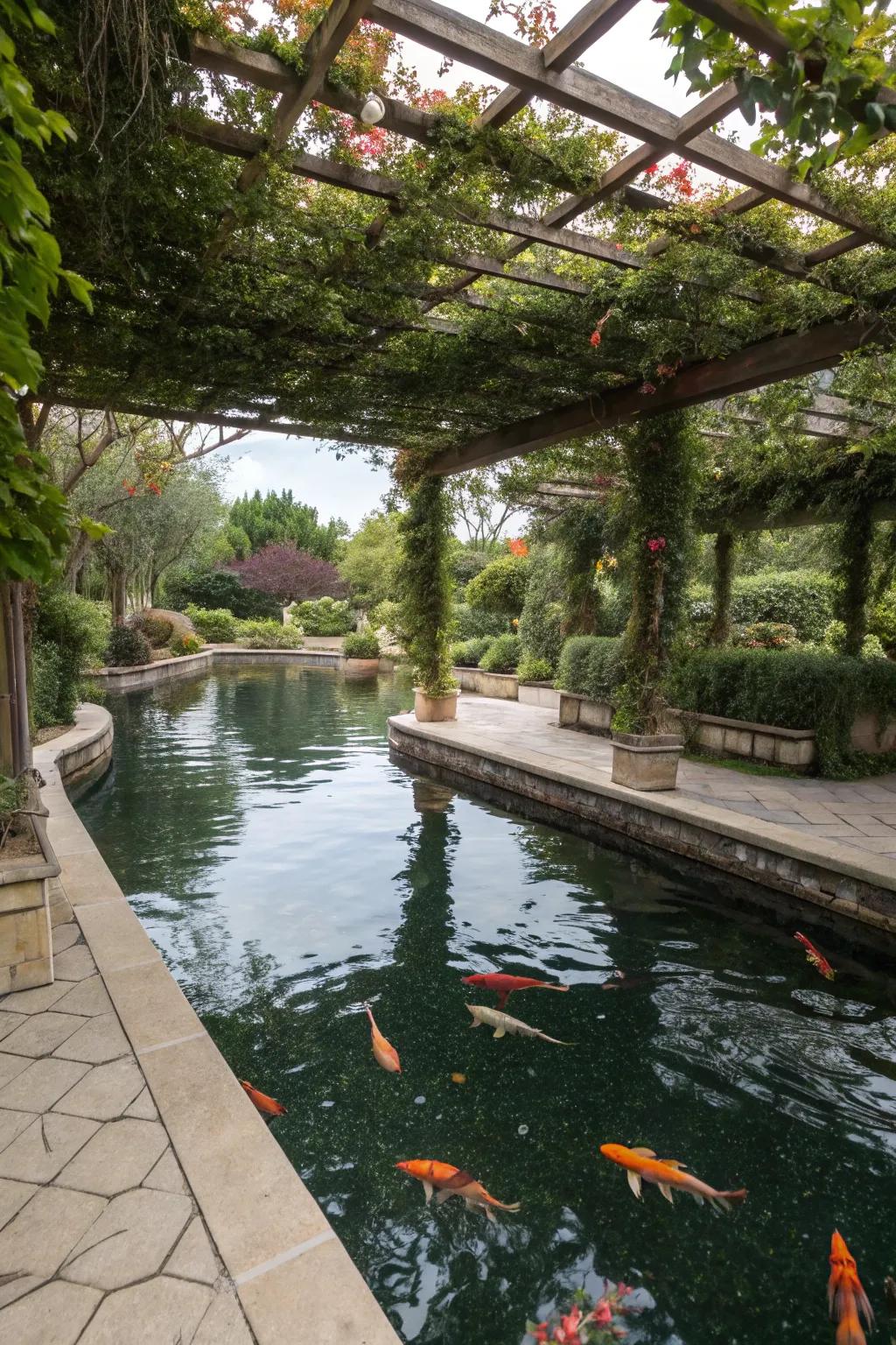 A koi pond under the shade of a trellis richly covered with vines.
