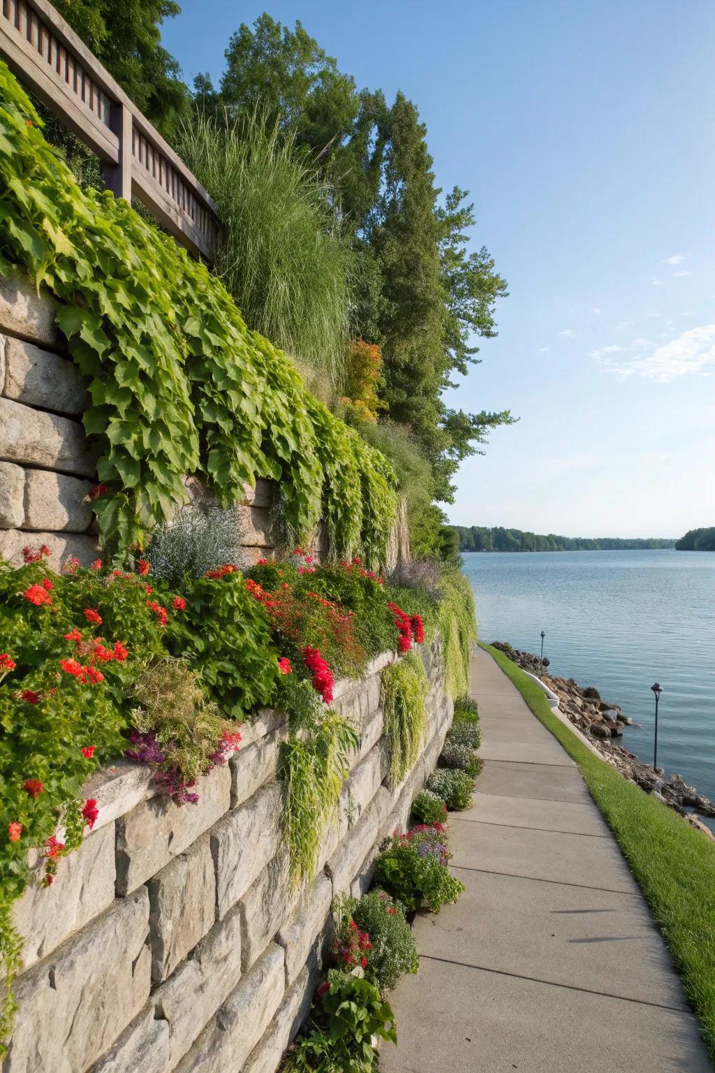 Revitalize your lakefront view with a stunning vertical garden on your retaining wall.