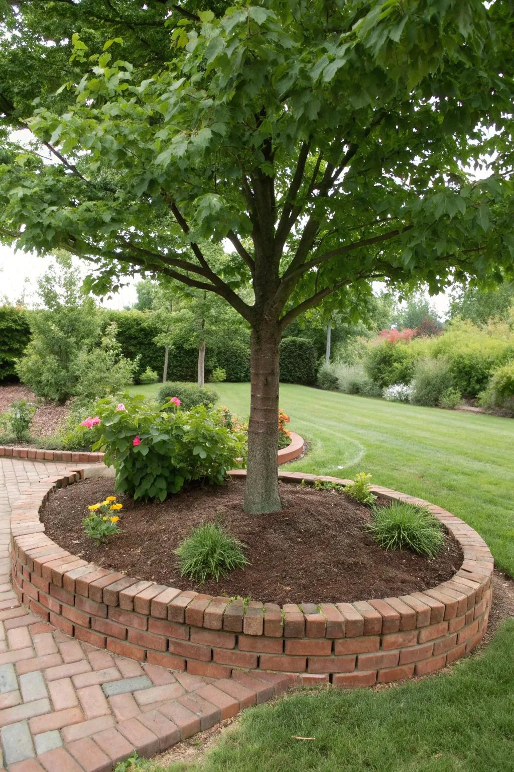 A tree with crisp brick edging, offering a polished and protected appearance.