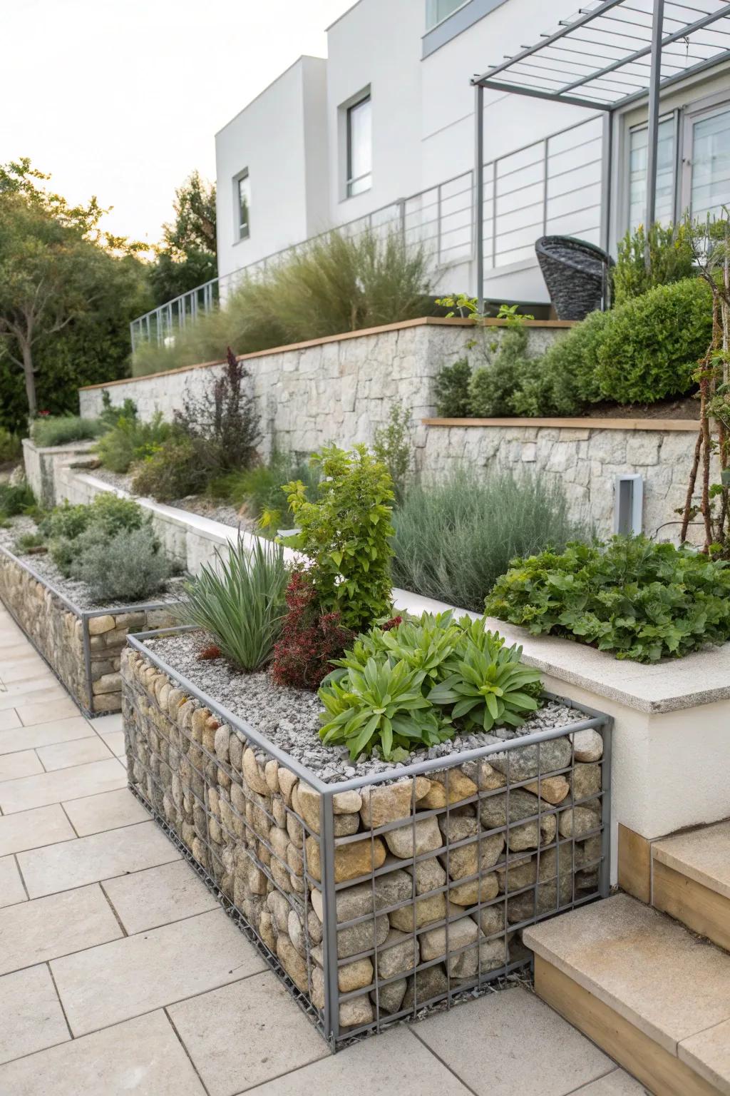 Gabion elevated gardens merge modern aesthetics using practical drainage.