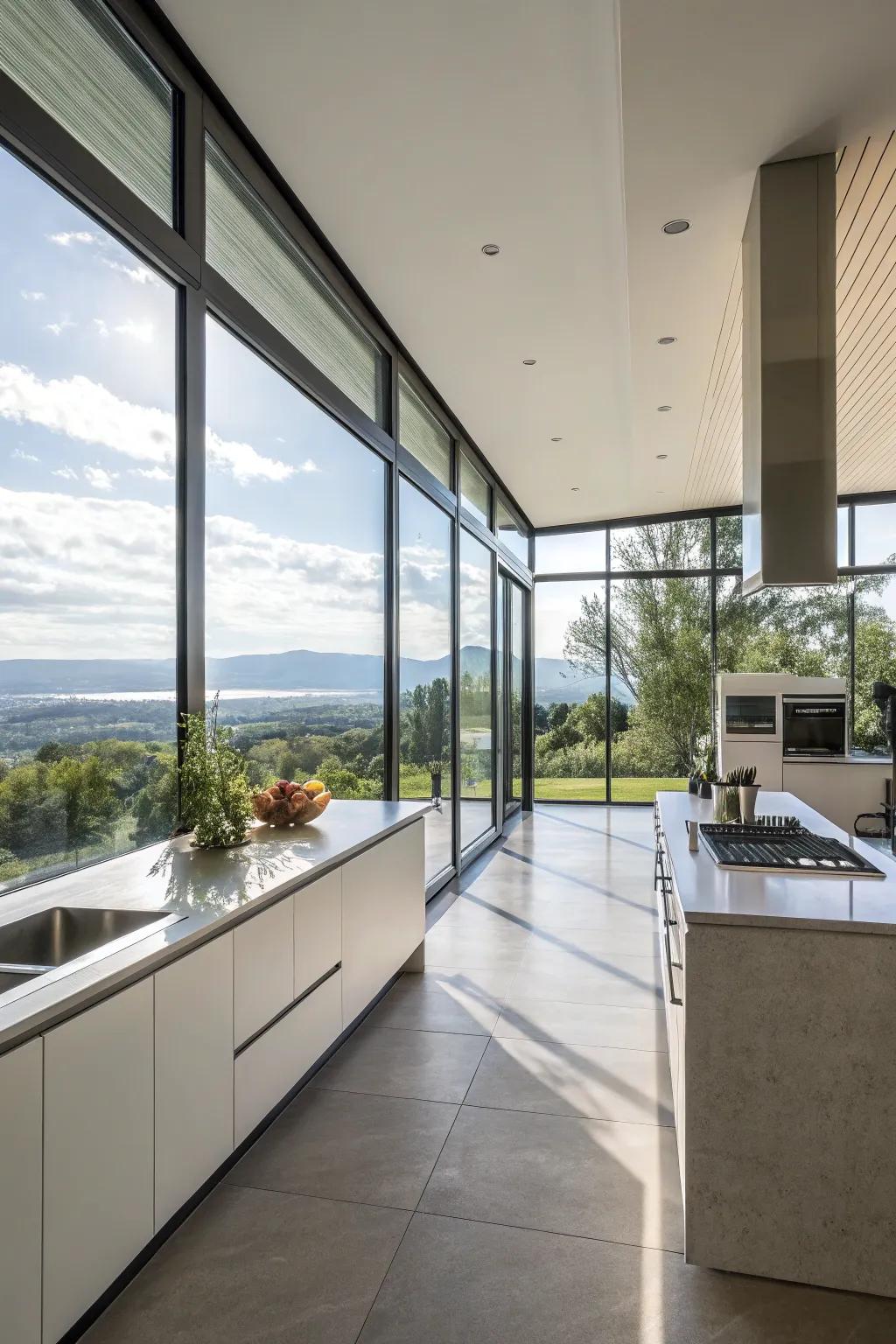 A kitchen designed with wall-to-wall windows for ample natural light.