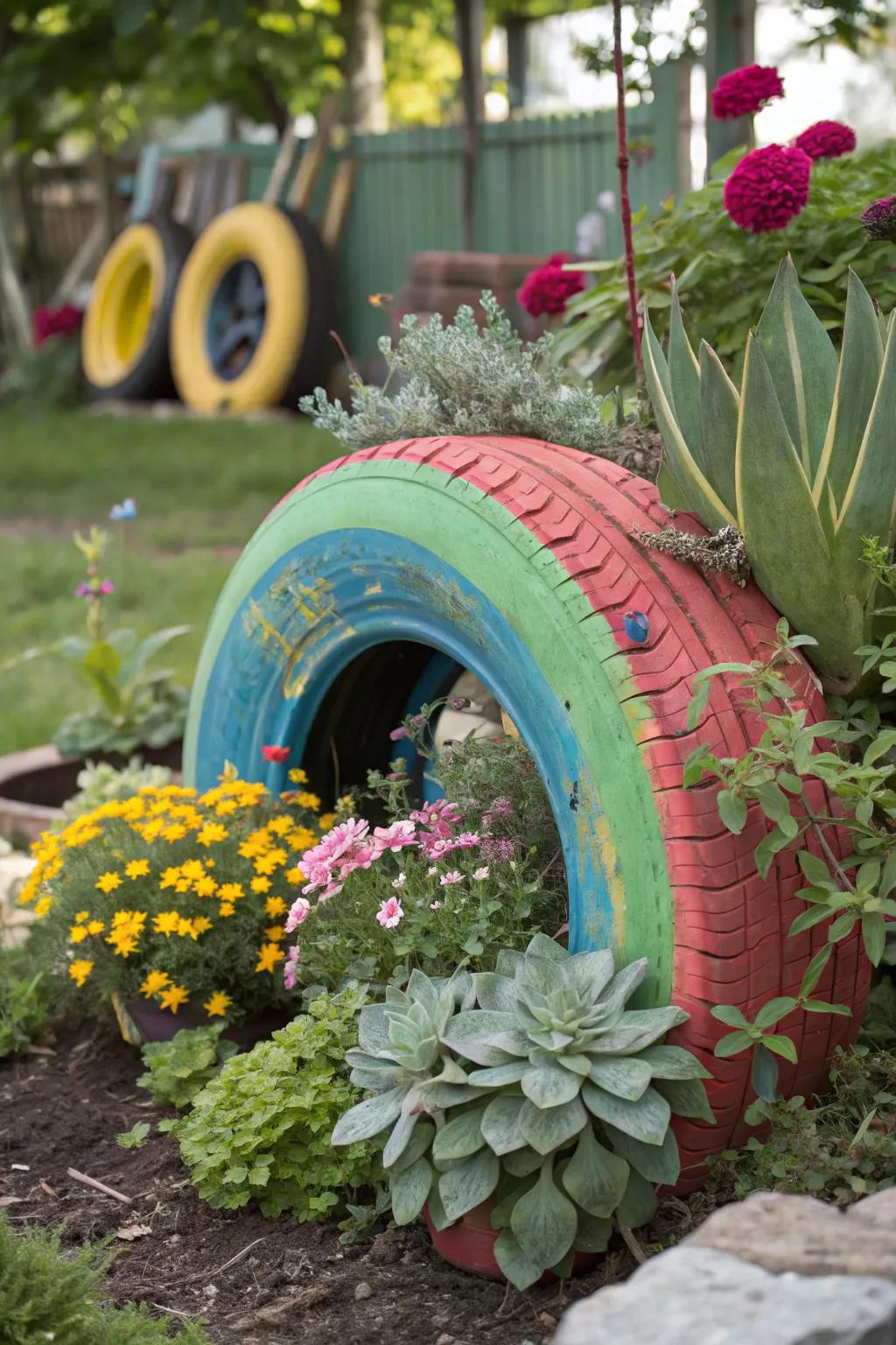 A colorful tire transformed into a vibrant succulent planter.