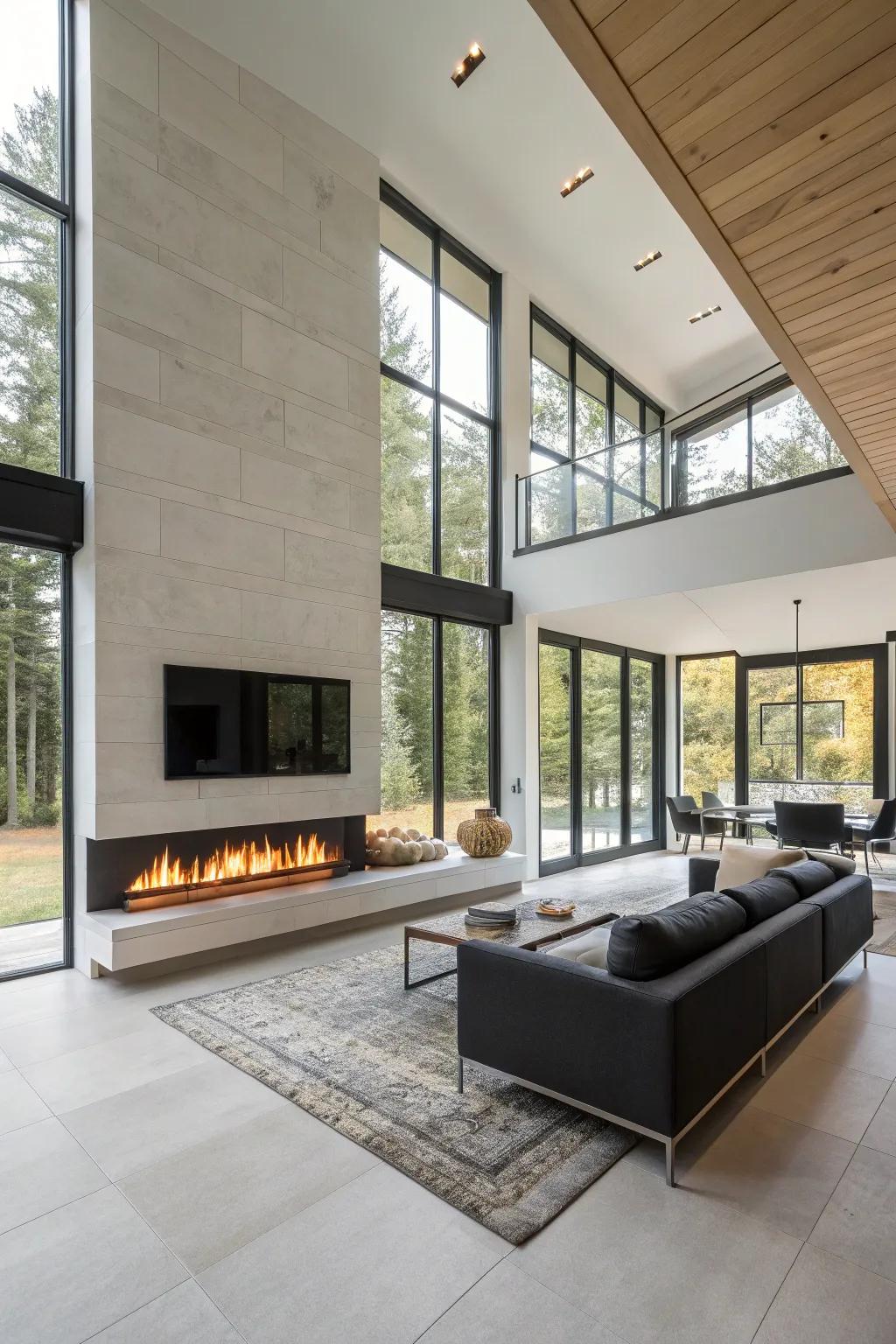 Make a bold statement with a suspended linear fireplace.
