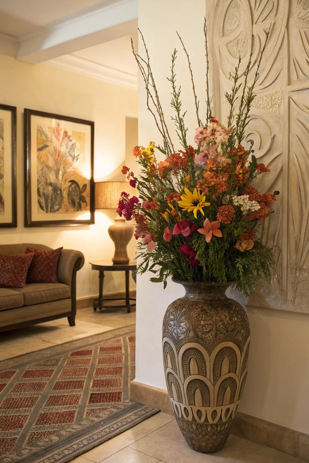 Unite a substantial ground vase with fine art pieces for a harmonious family room expression.