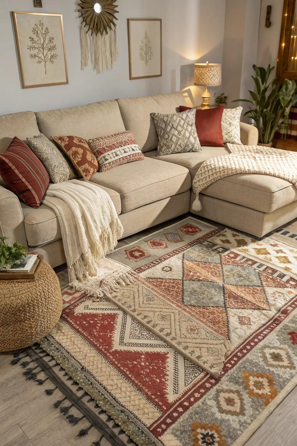 Layered rugs add dimension and warmth.