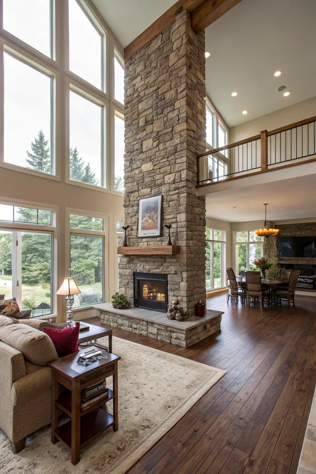 A stone chimney can successfully characterize spaces in an open floor plan.