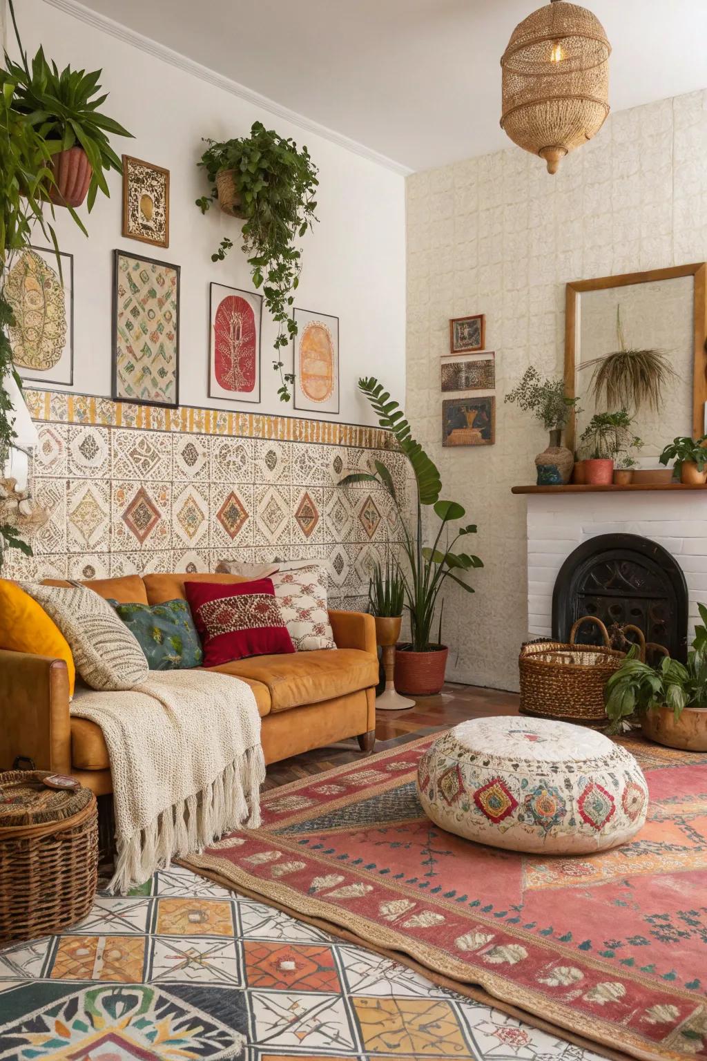 Eclectic family room showcasing bohemian tiling designs.