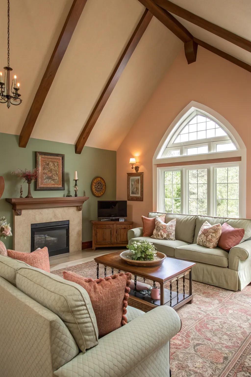 A warm color palette brings coziness to a vaulted ceiling living room.