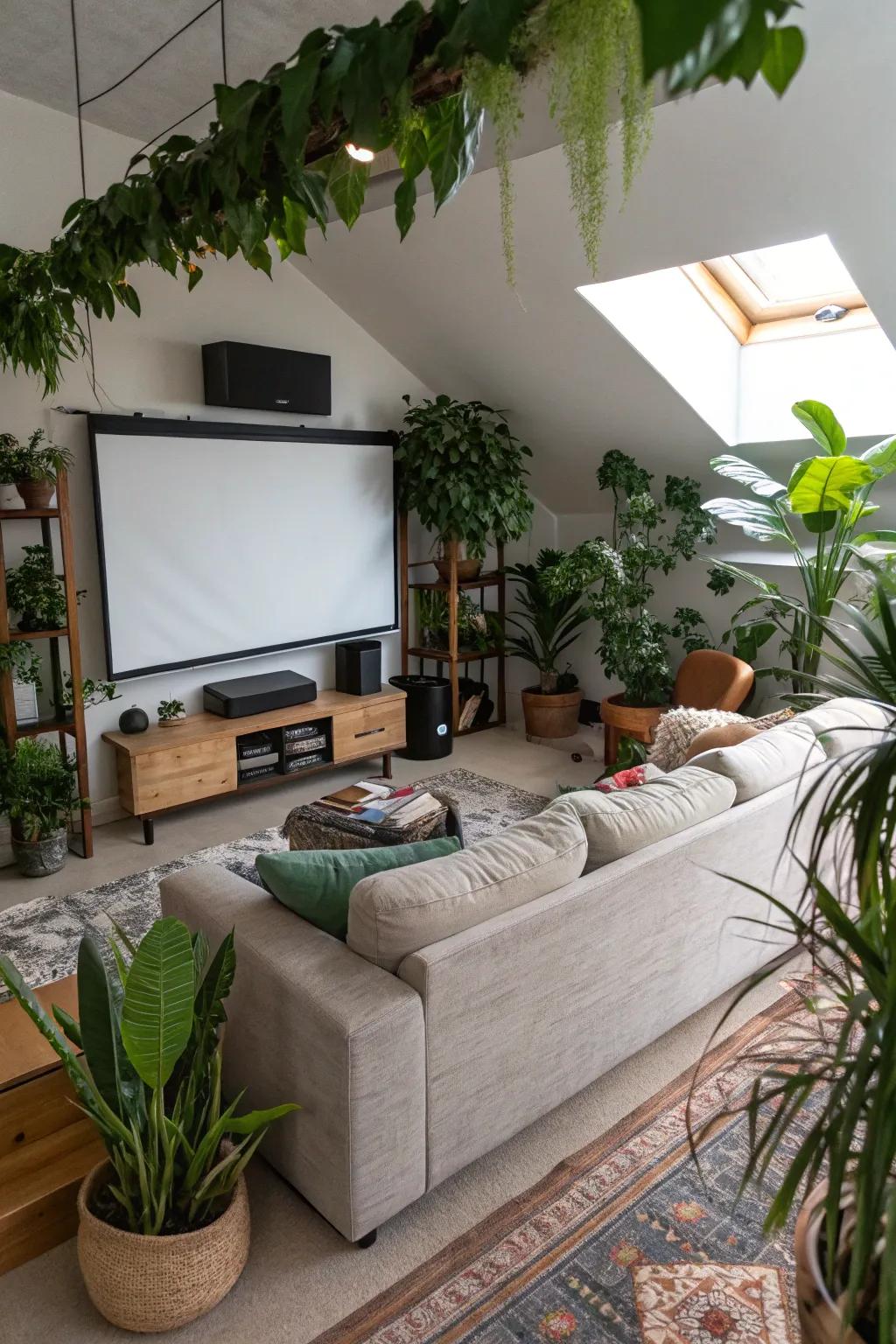 Greenery breathes life into your media room, adding a natural touch.