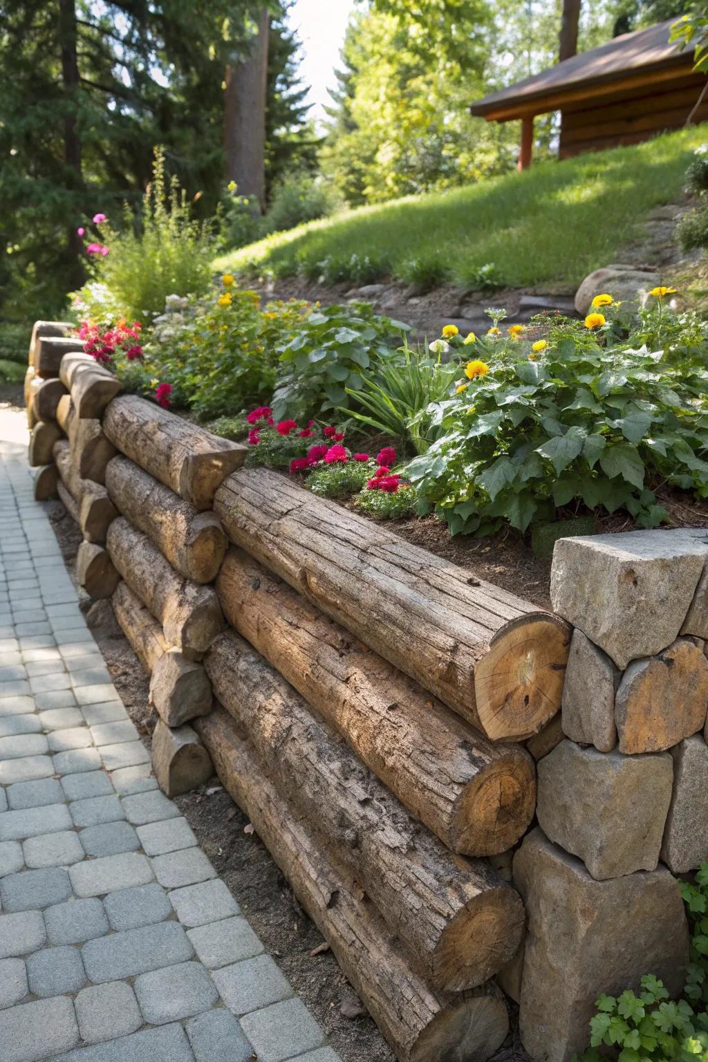 Enhance your garden's charm and structure with a beautifully crafted log retaining wall.