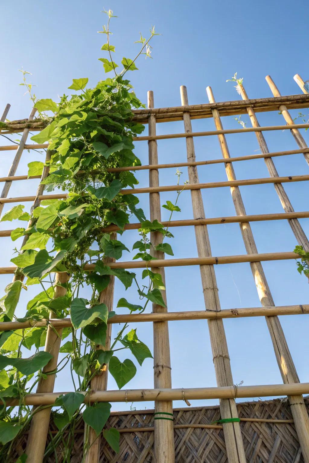 Transform your backyard into a serene escape with a stunning bamboo screen trellis for your loofah vines!