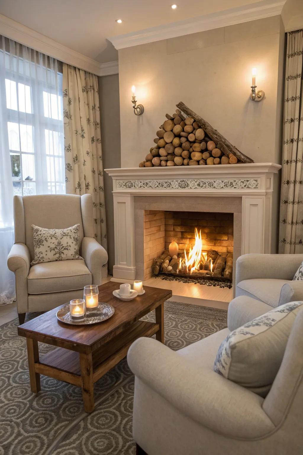 A fireplace adds warmth and serves as a cozy focal point in the living room.