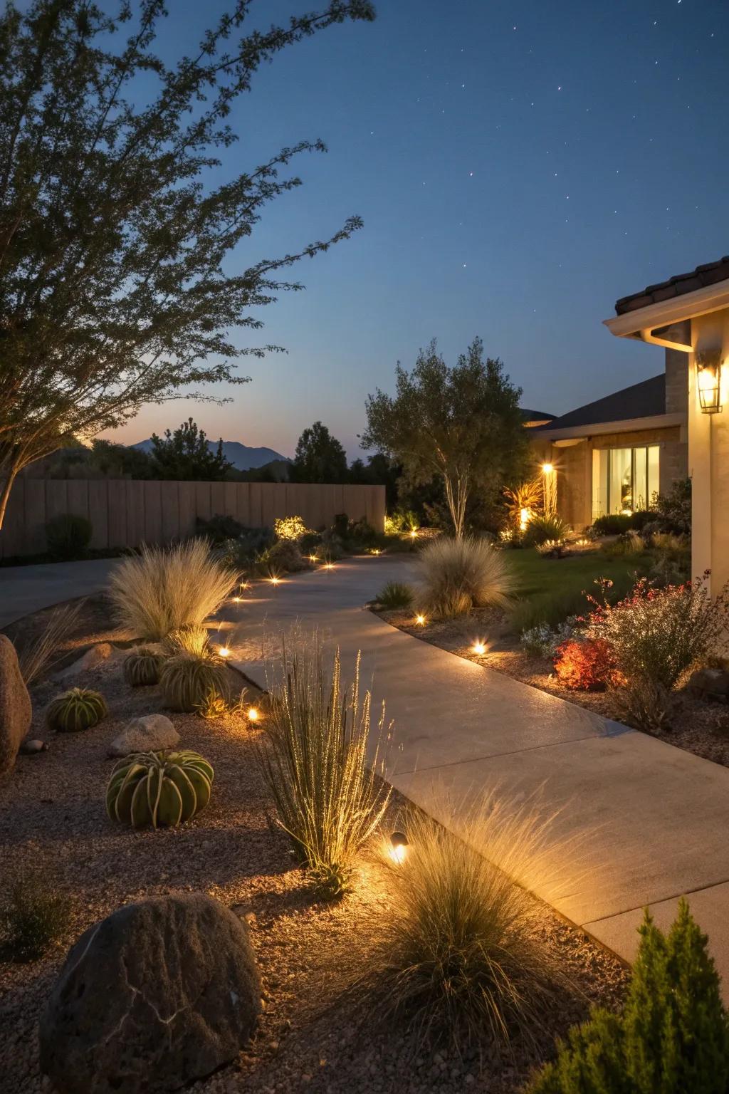 Ambient lighting enhances the beauty of a xeriscape yard at night.