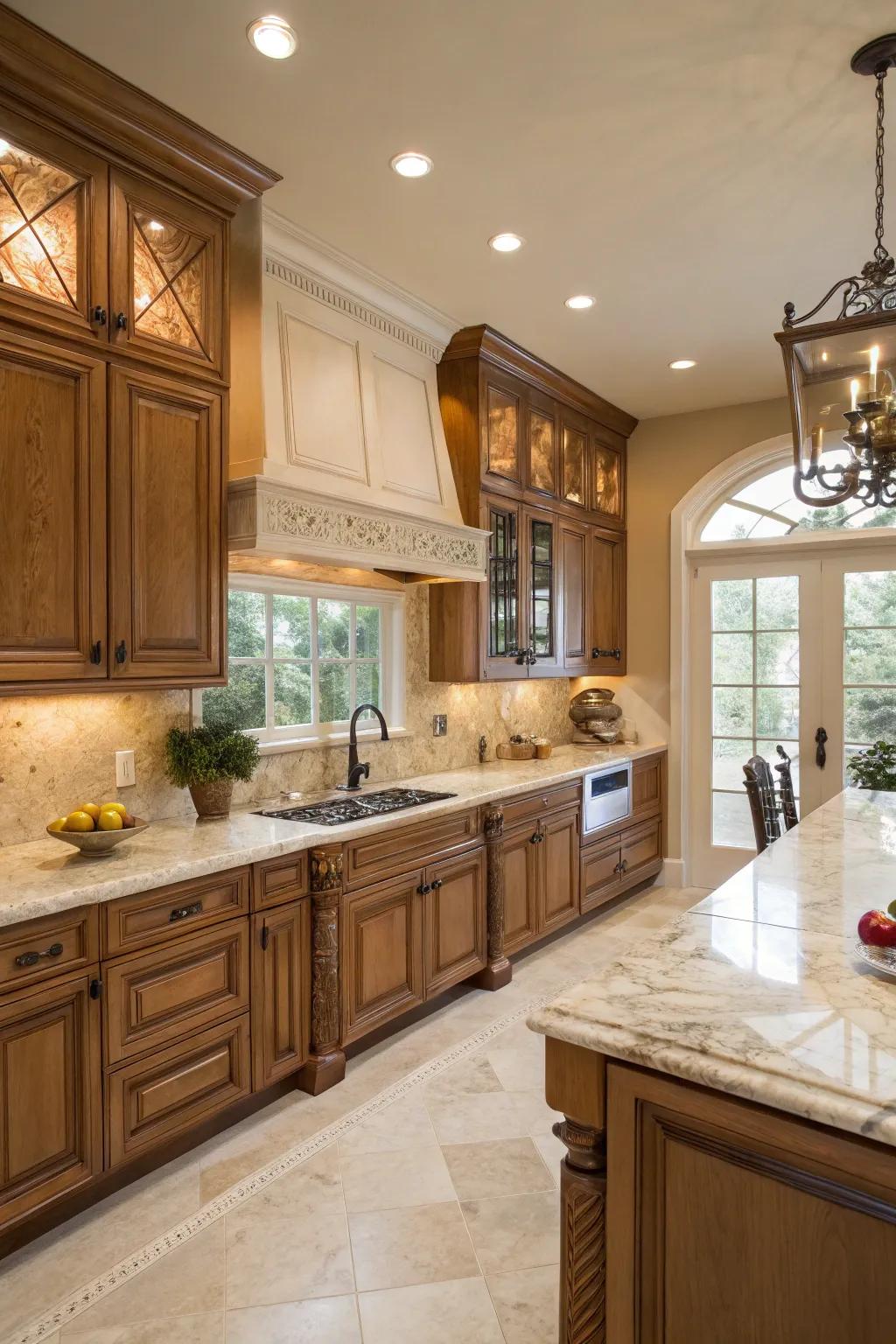 A luxurious kitchen featuring the elegant mix of maple cabinets and marble.