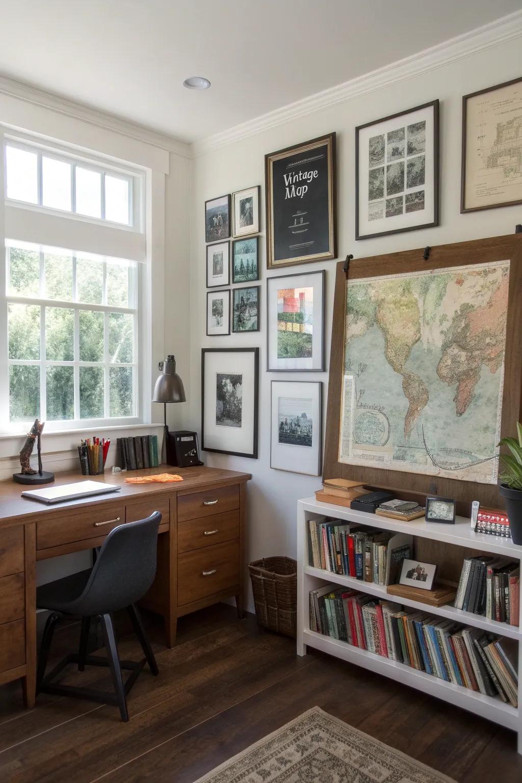 A practical gallery wall merges décor with functionality.