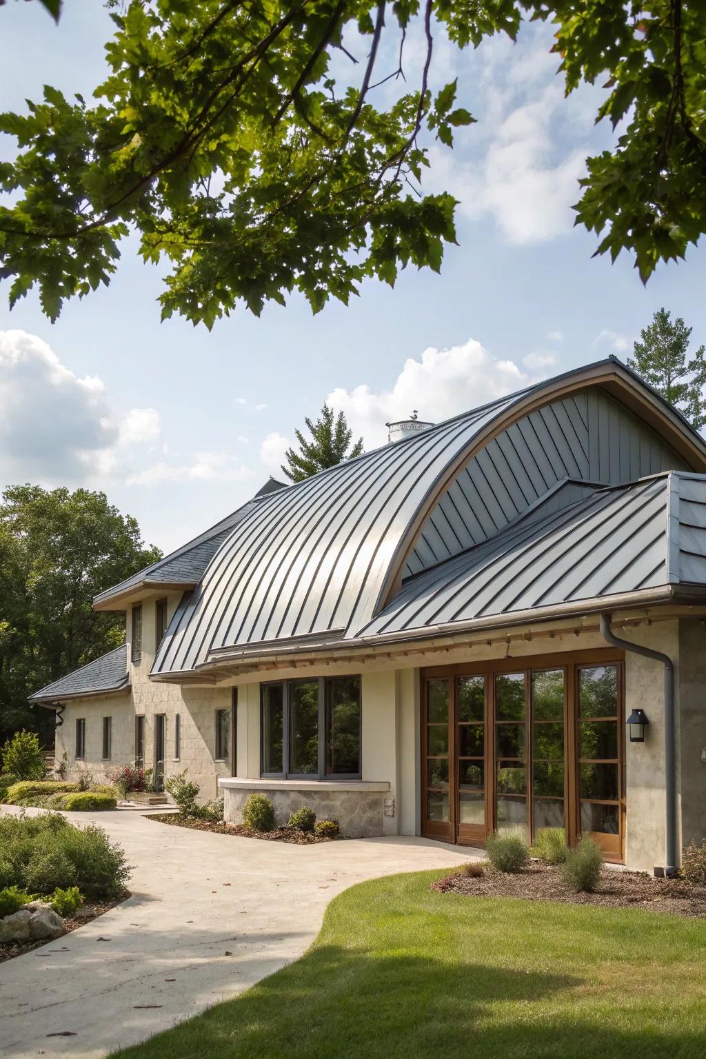 A home with curved metal roofing panels.
