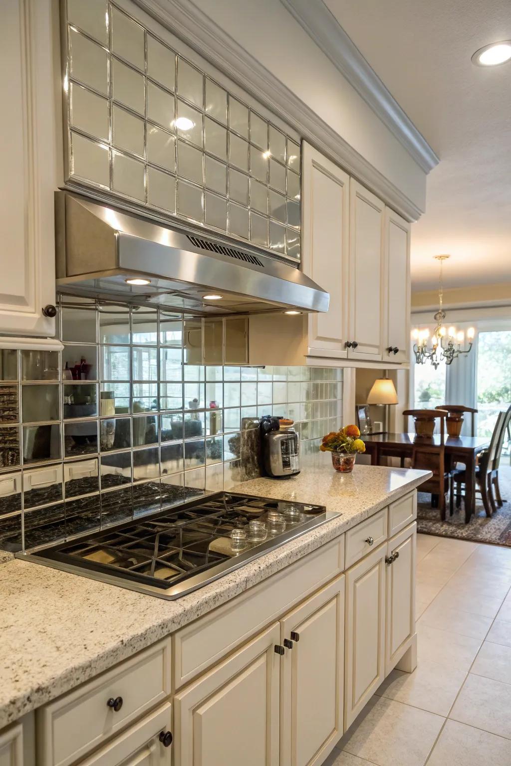 A kitchen featuring a mirror-finish metal tile backsplash for extra light.