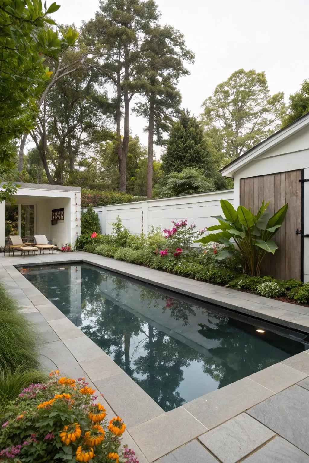 Reflective water pools add depth and sophistication.